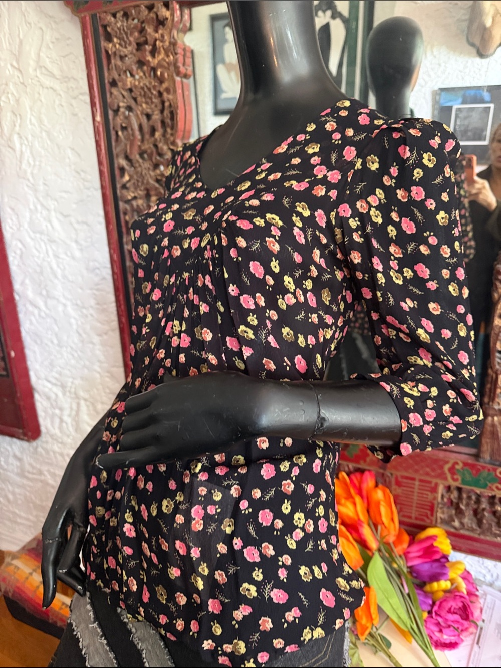 Black Floral V-Neck Blouse with Pink & Yellow Blooms